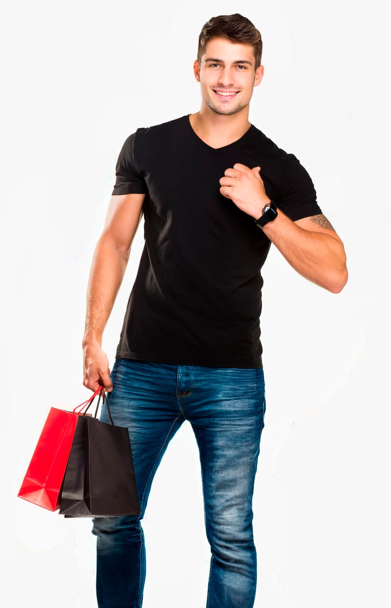 Man in black t-shirt with shopping bags