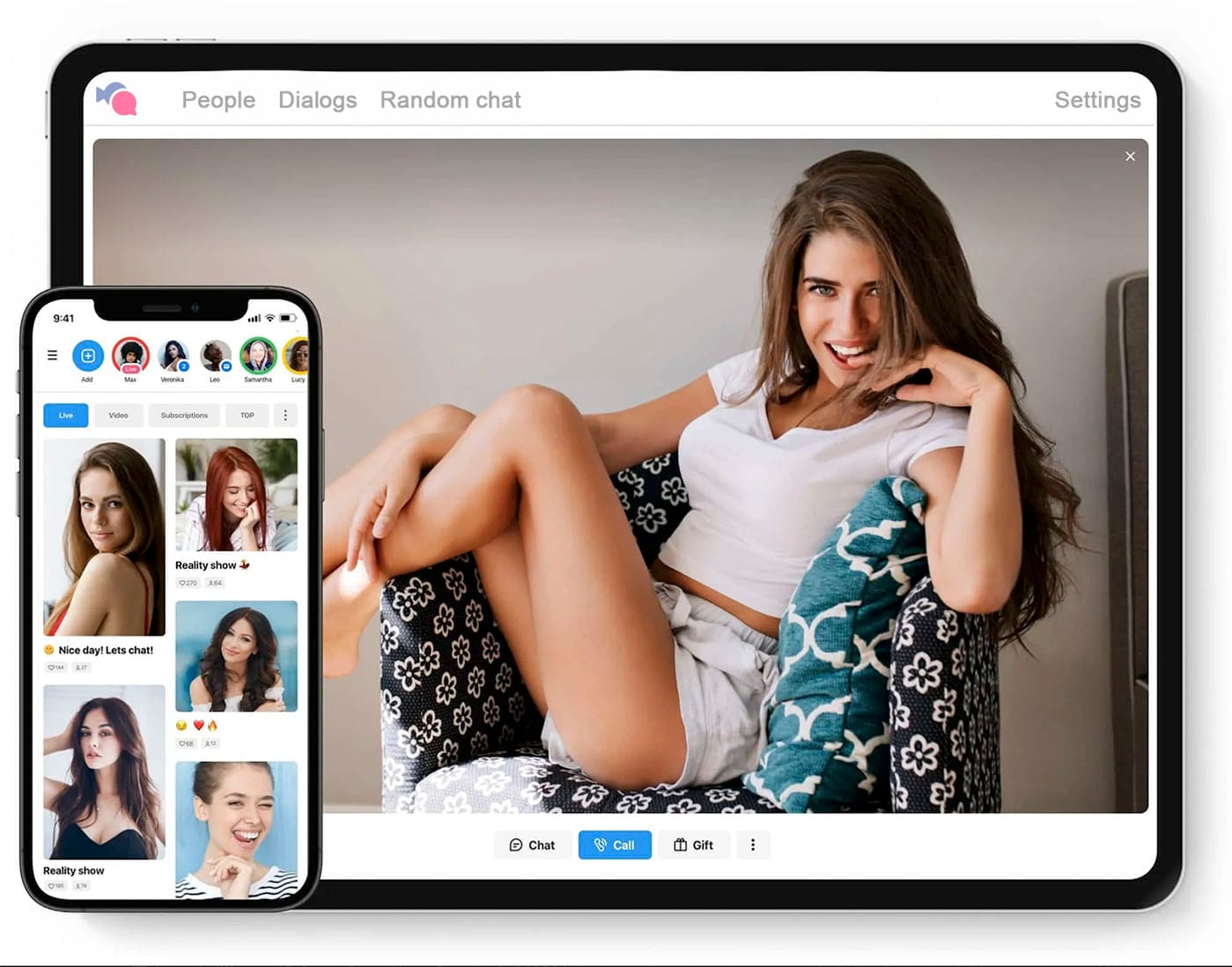 Single girl waiting in dating app and seating on chear